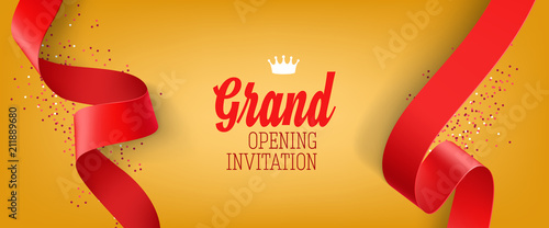 Grand opening invitation yellow banner design with red ribbon, crown and confetti. Festive template can be used for banners, flyers, posters.