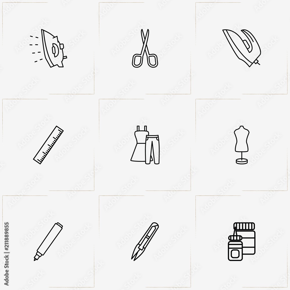 Sewing line icon set with pen, sewing cutter and glue Sewing line icon set with pen, sewing cutter and glue