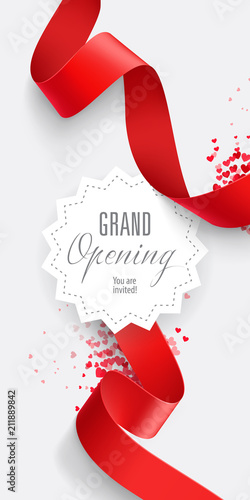 Grand opening You are invited lettering. Text in geometric shape with red ribbons and hearts. Illustration with lettering can be used for invitation cards, layout, posters and leaflets