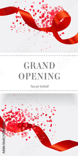 Grand opening, you are invited vertical banner design with red ribbons and heart shaped confetti. Festive template can be used for invitations, signs, posters.