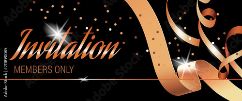Invitation members only lettering on flyer. Black banner design with swirl ribbons and confetti. Illustration with lettering can be used for invitation cards, layout, posters and leaflets