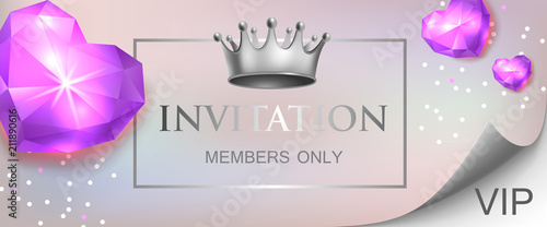 VIP invitation, members only lettering with diamond hearts and crown. Party invitation design. Typed text, calligraphy. For leaflets, labels, invitations, posters or banners.