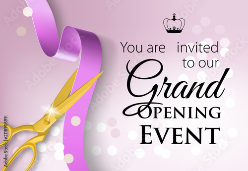 You are invited to our grand opening event lettering with crown. Purple design with golden scissors cutting ribbon. Illustration can be used for invitation cards, layout, posters and leaflets