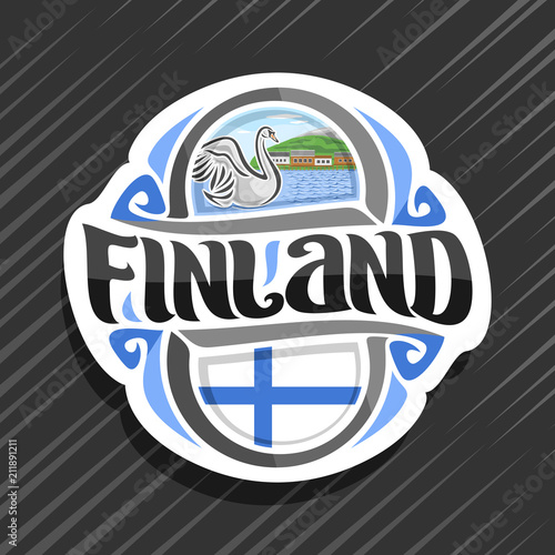 Vector logo for Finland country, fridge magnet with finnish flag, original brush typeface for word finland and finnish symbol - white swan in lake of koli national park on blue cloudy sky background.