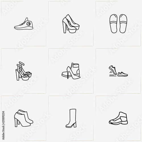 Shoes line icon set with slippers  lady boots  and lady shoes