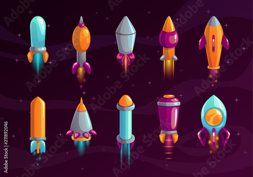 Cartoon colorful space missile set.