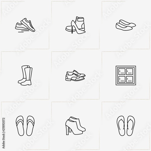 Shoes line icon set with sneakers, lady sandals and airport luggage storage