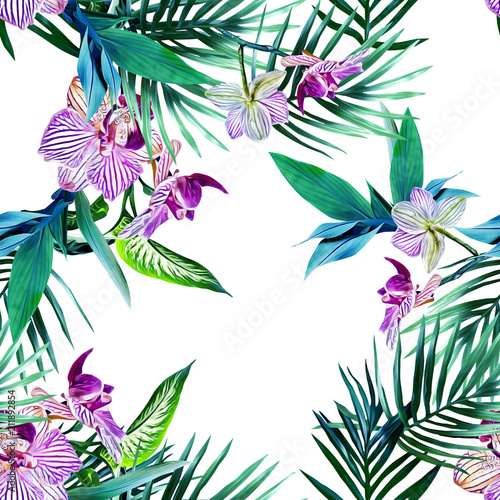 Watercolor orchid seamless pattern.