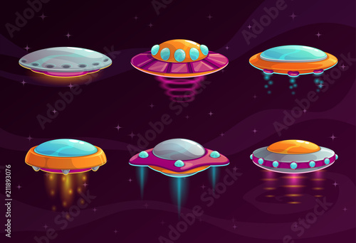 Cartoon colorful ufo assets set.