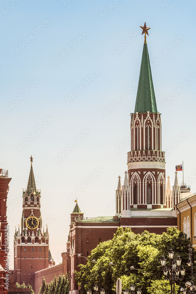 Center of the capital of Russia. Nikolskaya and Spasskaya towers in Moscow Kremlin on Red Square. Center of the capital of Russia. Nikolskaya and Spasskaya towers in Moscow Kremlin on Red Square.