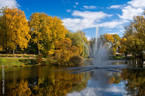 Valmiera. Latvia. City autumn landscape with a pond and fountain. © ako-photography