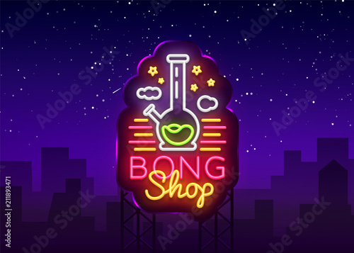 Bong Shop neon sign. Logo design template for shop advertising or signage. Tobacco Smoking Apparatus. Vector illustration. Billboard