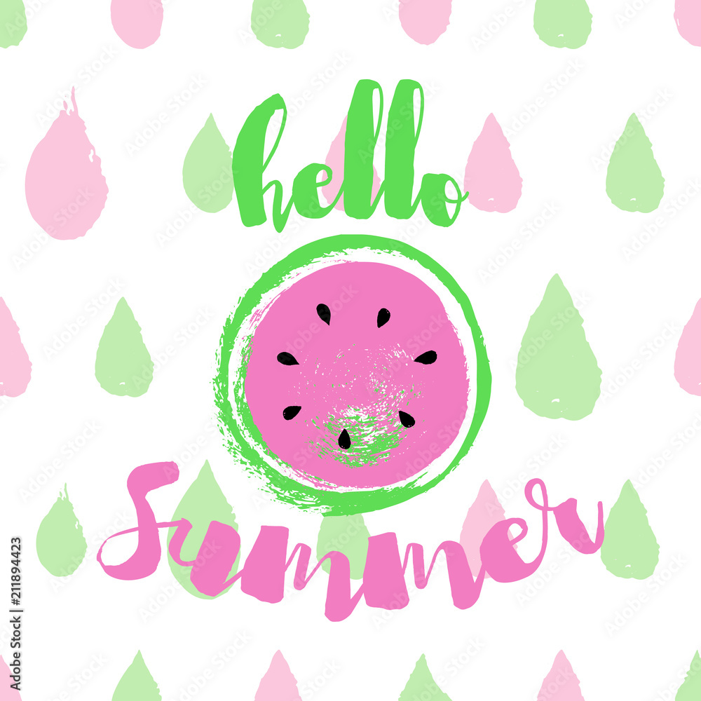 Hello Summer greeting card with pink Watermelon. Hand drawn Hello Summer lettering on colorful background. Hello Summer greeting card with pink Watermelon. Hand drawn Hello Summer lettering on colorful background.