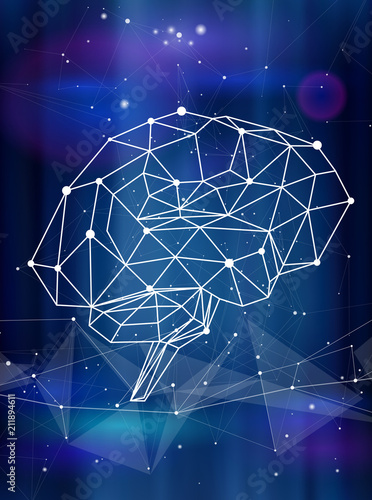 human brain & triangles, lines, dots located on a color technological background - conceptual illustration symbolizing artificial intelligence & modern biotechnology & HUD interface