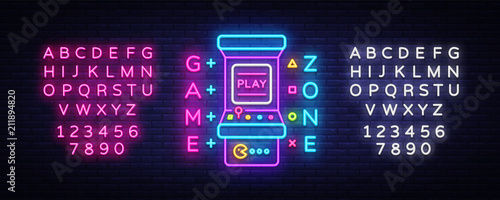 Game Zone Logo Vector Neon. Game Room neon sign board, design template, Gaming industry advertising, Gaming Machine vector, light banner, bright neon design element. Vector. Editing text neon sign