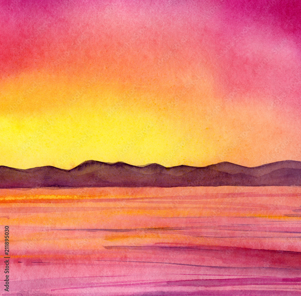 Watercolor painted mountain silhouettes