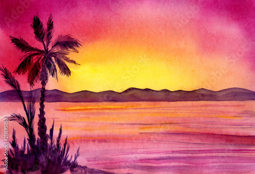 Watercolor painted panorama with palm trees.