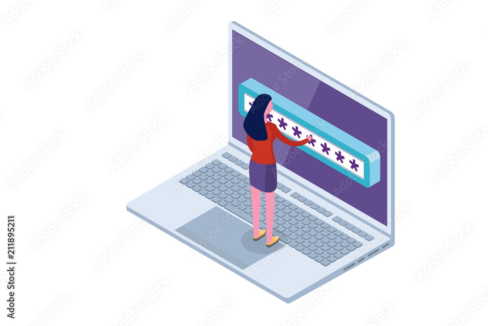 Data Access, Password isometric concept. Login form on screen. Vector illustration. Data Access, Password isometric concept. Login form on screen. Vector illustration.