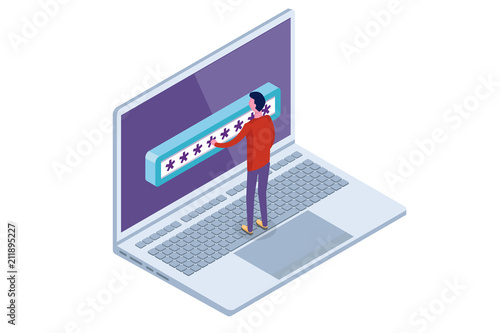 Data Access, Password isometric concept. Login form on screen. Vector illustration.