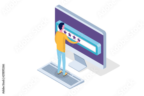 Data Access, Password isometric concept. Login form on screen. Vector illustration.