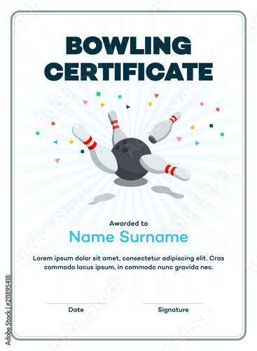 Modern bowling certificate with place for your content, scattered skittle and bowling ball isolated on light background with transparent shadows.
