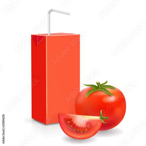 Vector pack of tomato juice and straw. Realistic juice package