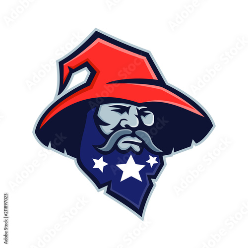 Mascot icon illustration of head of a warlock, wizard, sorcerer or magician with three stars on his beard wearing a pointy or pointed hat viewed from front on isolated background in retro style.