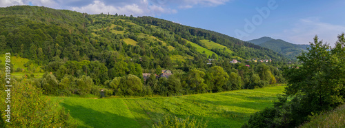 Small rural houses in the shade of green tall trees on the slopes of gently sloping mountains