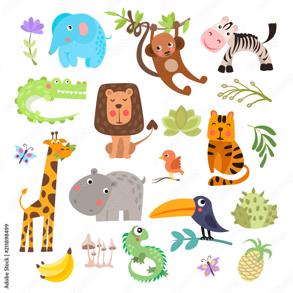 Cute set of safari animals and flowers. Savanna and safari funny cartoon  animals. Jungle animals vector set. Crocodile, giraffe, lion and monkey,  and other jungles and savannah animals in one cute Stock