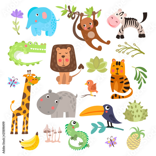 Cute set of safari animals and flowers. Savanna and safari funny cartoon animals. Jungle animals vector set. Crocodile, giraffe, lion and monkey, and other jungles and savannah animals in one cute
