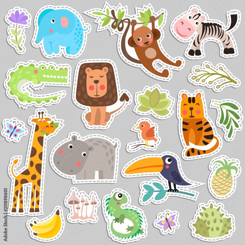 Vecteur Stock Cute set of stickers of safari animals and flowers. Savanna  and safari funny cartoon sticker animals. Jungle animals vector set of  sticker elements. Crocodile, giraffe, lion and monkey, and other