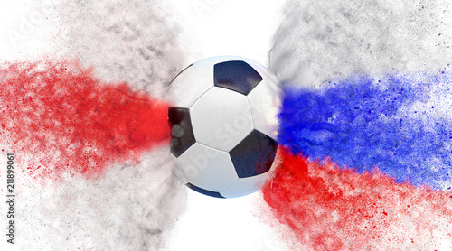 England vs. Russia Soccer match. Particles in England and Russia national colors, hitting a Socccer ball. 3D Rendering  photo