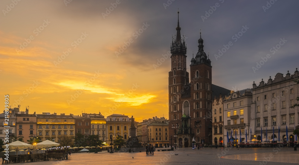 St. Mary's Church on the old market square in Krakow at sunrise