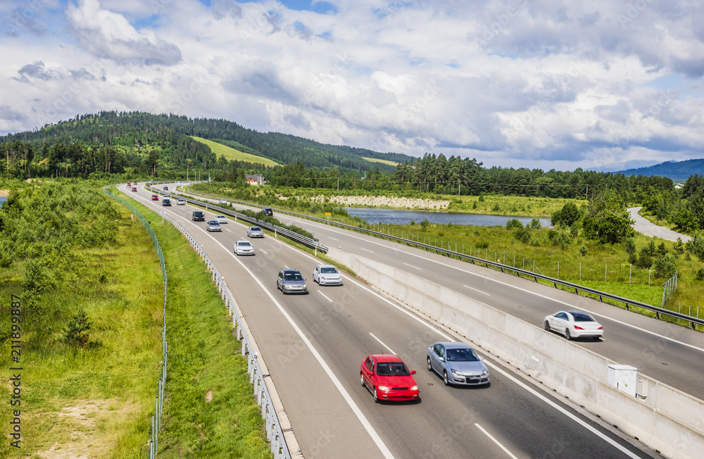intensive traffic of cars on the highway, Slovakia