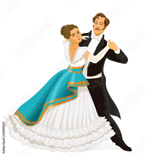 Ballroom dance. Couple dancing waltz vintage. Vector illustration.
