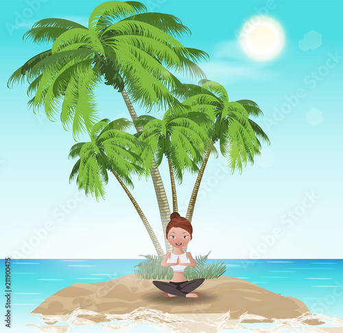 Obraz Młoda atrakcyjna dziewczyna ćwiczy medytację na tropikalnym palmy tle. Ilustracja wektorowa