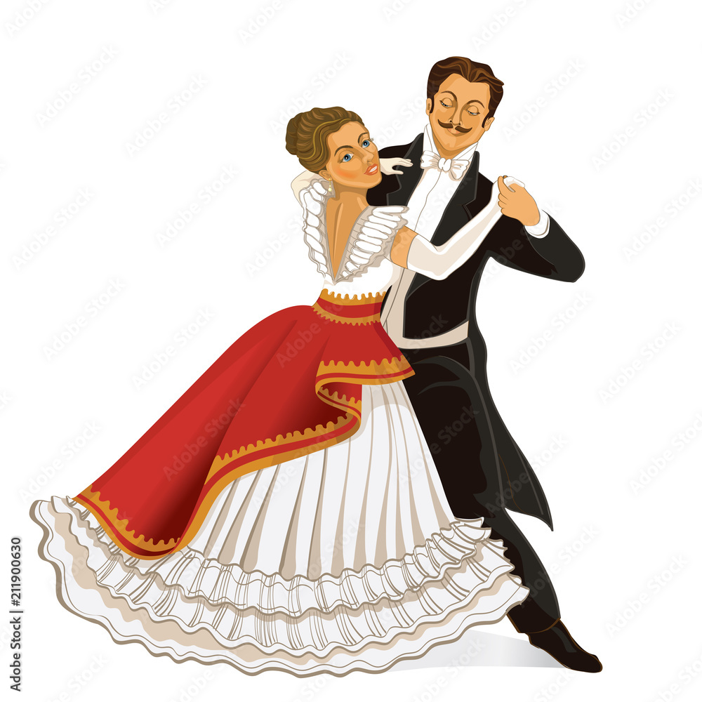 Ballroom dance. Couple dancing waltz vintage. Vector illustration.