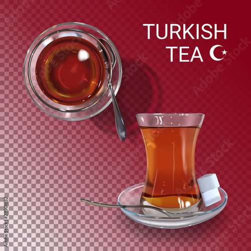 Turkish hot black tea. Traditional glass of turk beverage. Realistic cup of tea on transparent background.