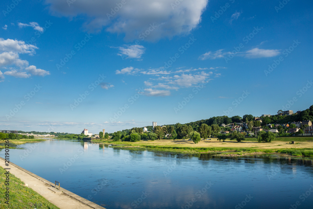 Lithuania, Sky and houses reflecting in river of Kaunas