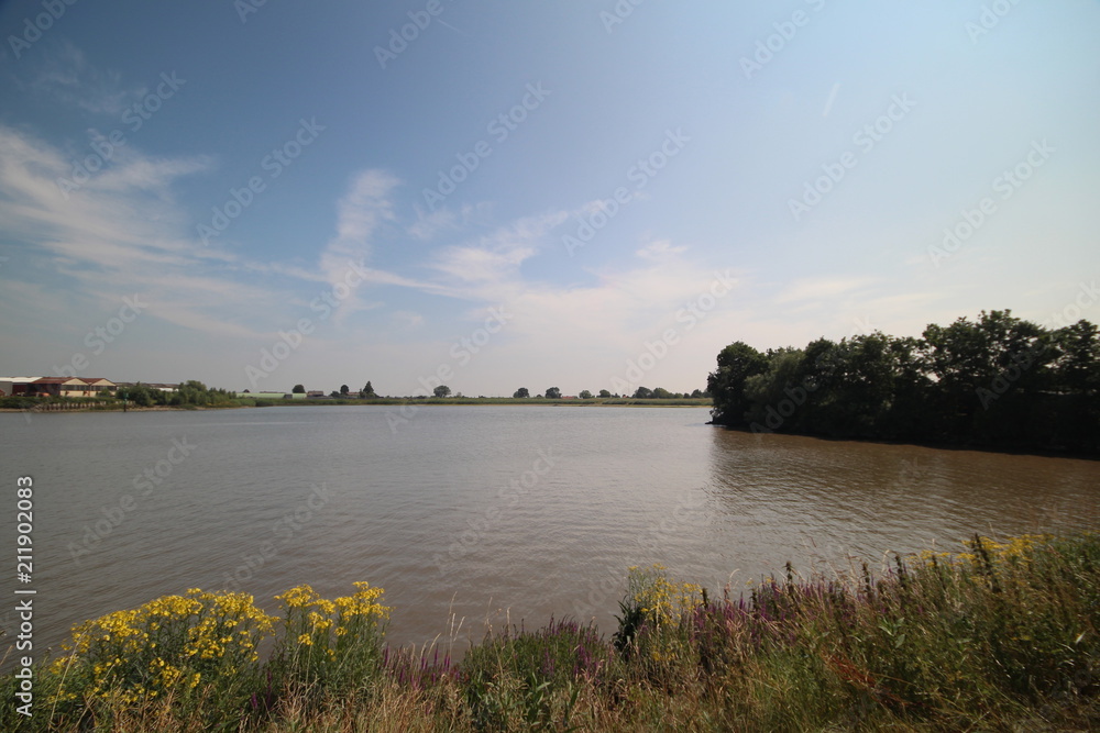 River lek, which is a lateral of river Rhine, with dykes in the sun in the Netherlands