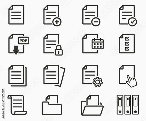 Vector paper and documents file format - archive, folder, office, pdf, business icons set. Simple pictograms for graphic and web design.