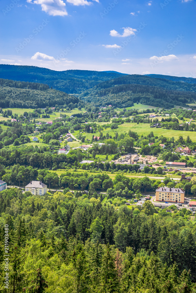 Green valley, town landscape, scenic nature, aerial view