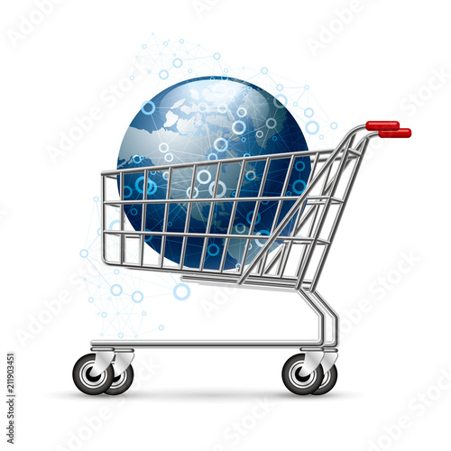 Earth in the shopping cart, isolated on white background.