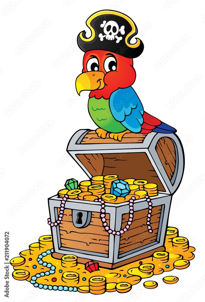 Naklejka premium Pirate parrot on treasure chest topic 2
