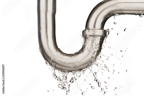 Print op canvas Leaking of water from stainless steel sink pipe on isolated on white background