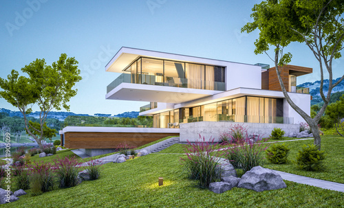3d rendering of modern house by the river at evening © korisbo