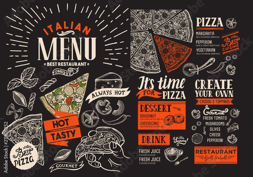 Pizza restaurant menu. Vector food flyer for bar and cafe on chalkboard background. Design template with vintage hand-drawn illustrations.