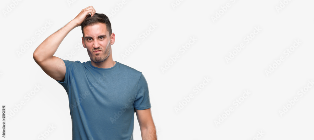 Handsome young casual man confuse and wonder about question. Uncertain with doubt, thinking with hand on head. Pensive concept. Handsome young casual man confuse and wonder about question. Uncertain with doubt, thinking with hand on head. Pensive concept.