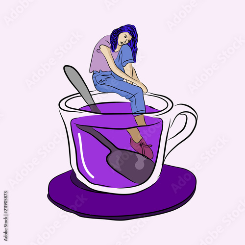 Girl in a tea cup funky graphic illustration