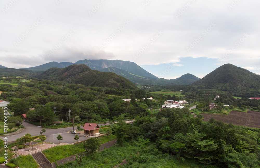 Aerial view of Mt. Daisen in Tottori on cloudy day